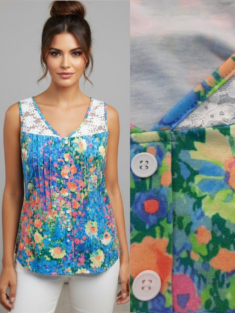 Bright vtg inspired tank top w/ lace inserts